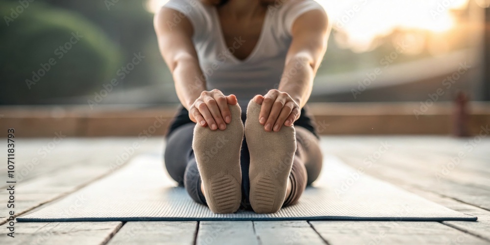 Seated Forward Bend A closeup of a person sitting on the mat with legs extended straight in front reaching forward towards their toes. The persons expression is serene embodying a Seated Forward Bend A closeup of a person sitting on the mat with legs extended straight in front reaching forward towards their toes. The persons expression is serene embodying a