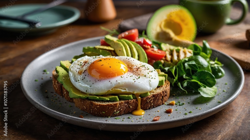 A plate featuring avocado toast topped with a poached egg, accompanied by fresh vegetables. A plate featuring avocado toast topped with a poached egg, accompanied by fresh vegetables.