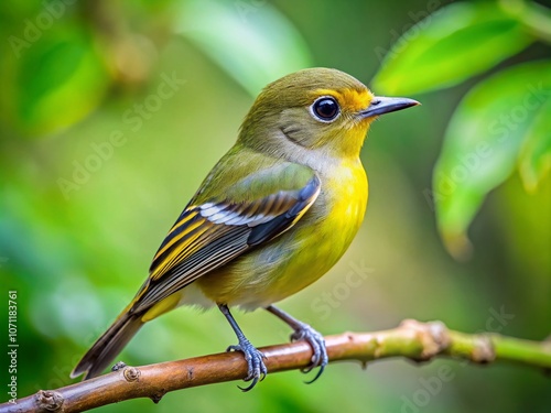 Stunning Female Greenbacked Flycatcher Perched on a Branch in Lush Forest, Capturing the Essence of Nature's Beauty and Avian Elegance in a Serene Environment photo