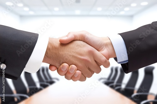 Two businessmen shaking hands in a modern office setting, symbolizing agreement and partnership.