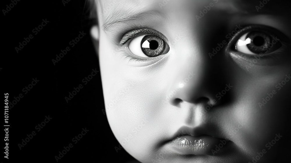 Fototapeta premium A close-up of an adorable baby face, showcasing soft skin, bright eyes, and a sweet, innocent expression. The baby’s facial features are highlighted, capturing the pure essence of childhood innocence 
