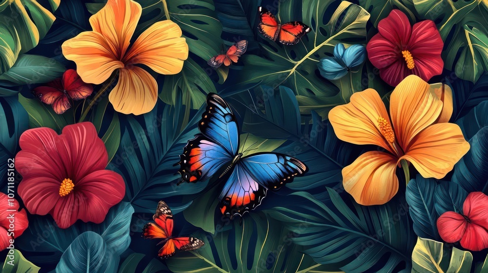 Brightly colored flowers and butterflies in a tropical setting. Brightly colored flowers and butterflies in a tropical setting.