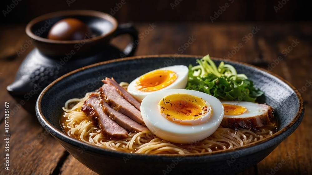A bowl of ramen featuring noodles, pork, soft-boiled eggs, and green onions. A bowl of ramen featuring noodles, pork, soft-boiled eggs, and green onions.