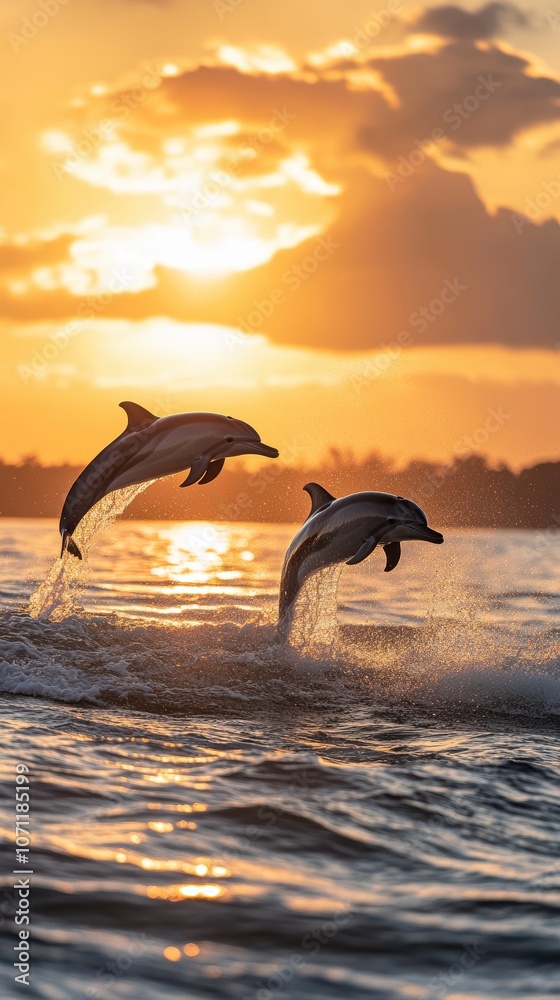 Obraz premium Two dolphins jumping out of the water at sunset