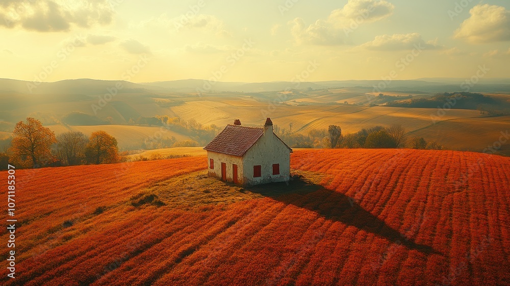 Serene Rural Landscape with Idyllic Farmhouse Serene Rural Landscape with Idyllic Farmhouse