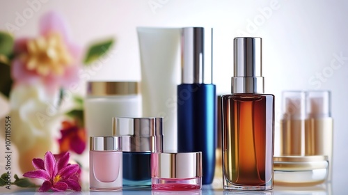 A collection of beauty products, including skincare, makeup, and haircare items, arranged elegantly on a clean background. The products are displayed in sleek bottles, jars, and tubes,