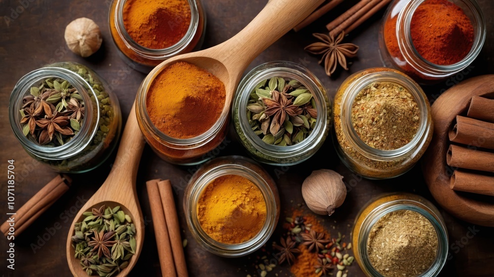 A vibrant assortment of spices in jars, showcasing culinary ingredients for cooking. A vibrant assortment of spices in jars, showcasing culinary ingredients for cooking.