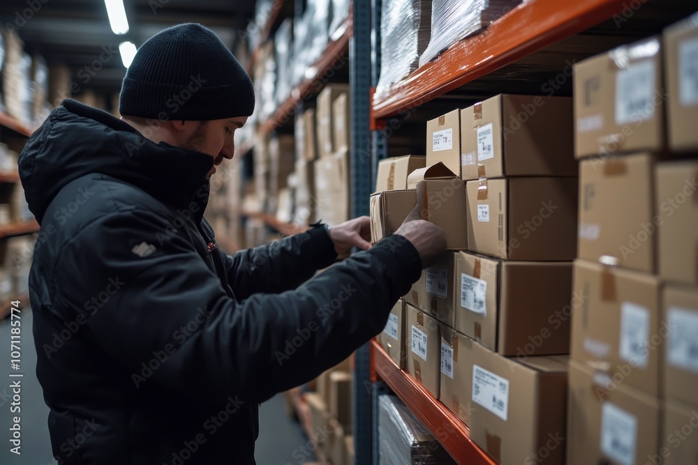 Warehouse Worker Organizing Packages in Storage Facility