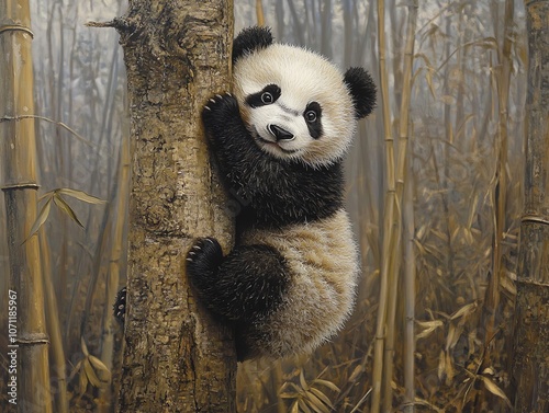 A cute panda cub climbs a tree in a bamboo forest. photo