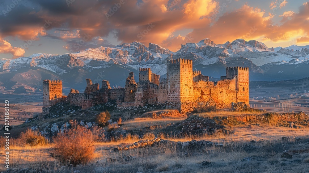 Fototapeta premium Castle Ruins Amidst Majestic Mountains