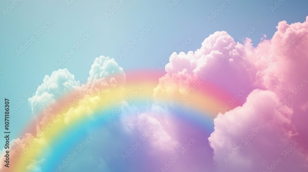 A dreamy rainbow arches through fluffy pastel clouds. A dreamy rainbow arches through fluffy pastel clouds.