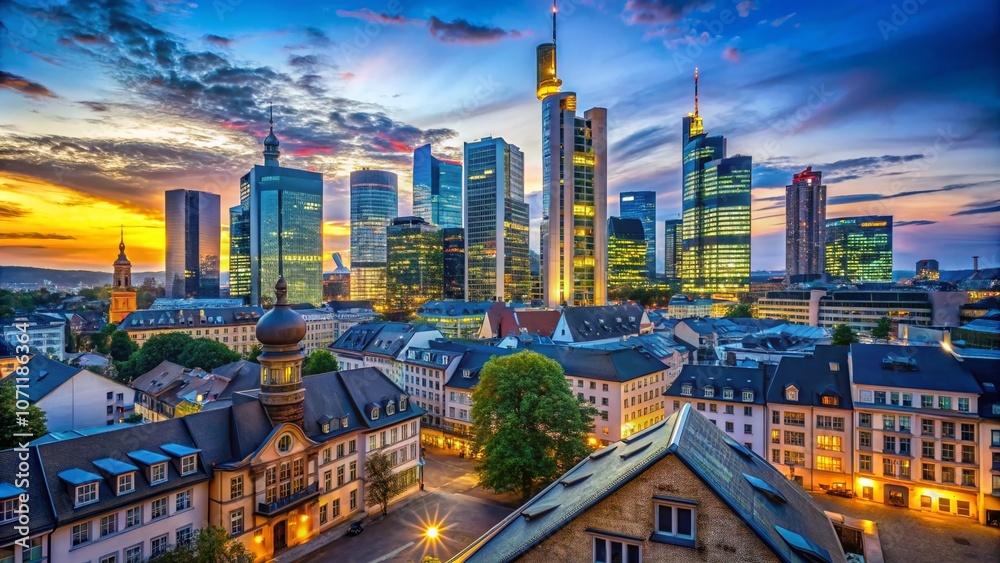 Obraz premium Stunning Low Light Photography of Deutsche Bank Tower Against Blue Sky Over Houses in Frankfurt am Main, Germany, Capturing the City’s Architectural Beauty and Nightlife Charm