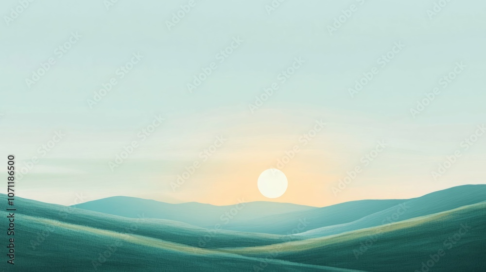 Fototapeta premium Peaceful sunrise over rolling green hills.