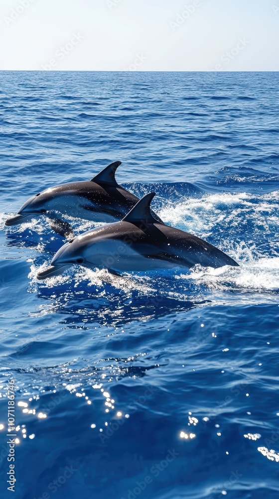 Naklejka premium Two dolphins swimming in blue ocean on sunny day