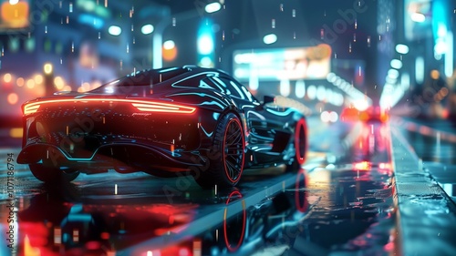 A sleek, futuristic sports car with glowing tail lights driving on a rainy city street at night