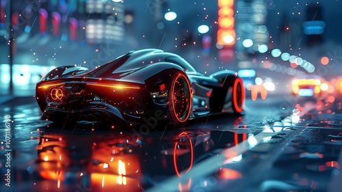 A sleek, futuristic sports car with glowing tail lights driving on a rainy city street at night