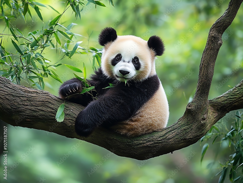 Obraz premium A cute panda bear sits on a branch, looking at the camera and eating bamboo leaves.
