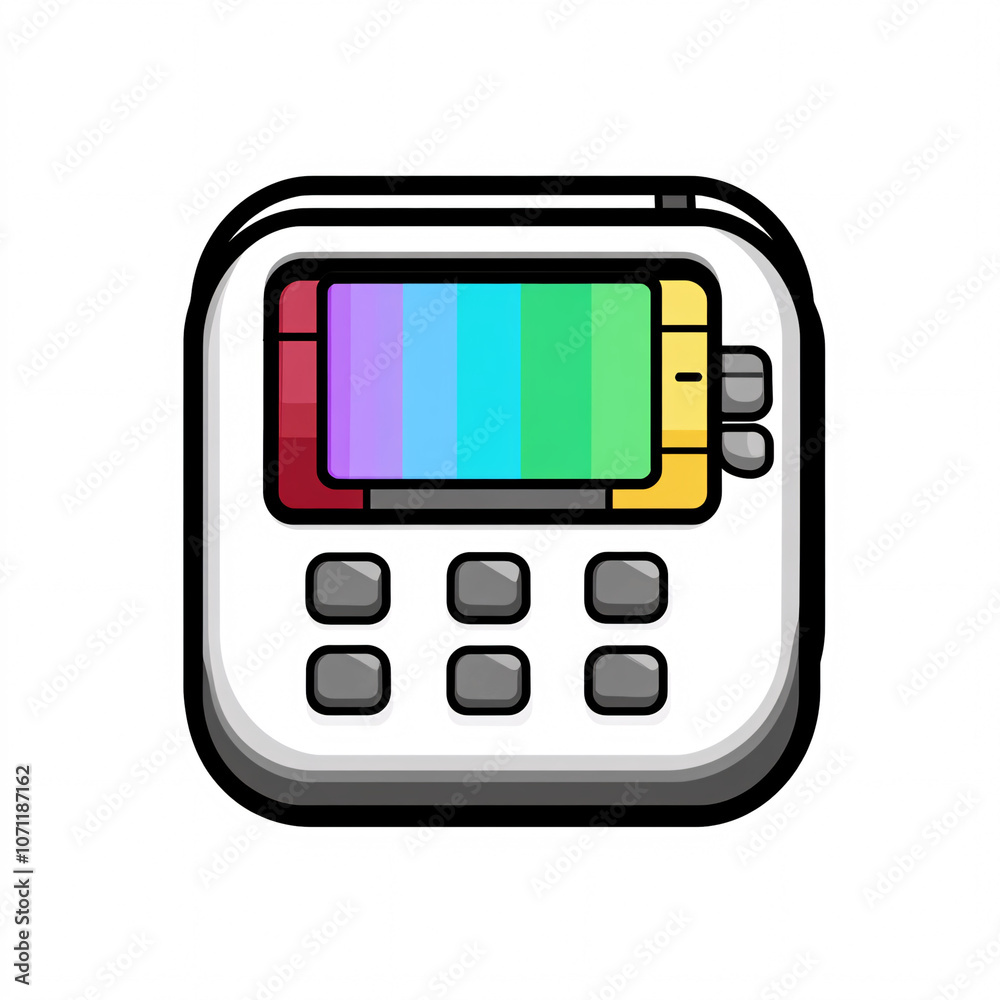 A colorful device with buttons, featuring a gradient display that combines vibrant hues, likely representing a digital or gaming theme. A colorful device with buttons, featuring a gradient display that combines vibrant hues, likely representing a digital or gaming theme.