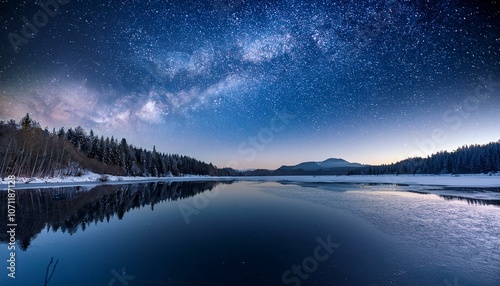 星明かりと凍結した湖が創り出す幻想的な冬の夜景