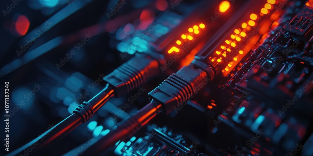 Close-up of glowing network cables plugged into a server, with lights indicating active data transmission. Close-up of glowing network cables plugged into a server, with lights indicating active data transmission.