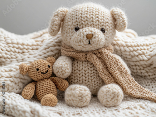 Soft knitted teddy bear and small toy on cozy blanket