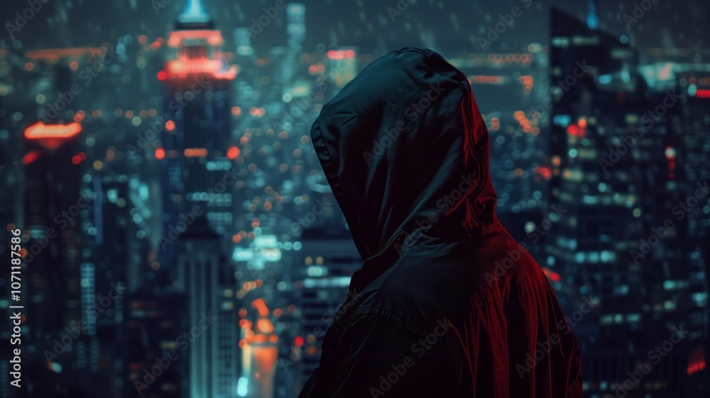 A hooded figure with a dark, featureless face standing against a brightly lit urban backdrop at night A hooded figure with a dark, featureless face standing against a brightly lit urban backdrop at night