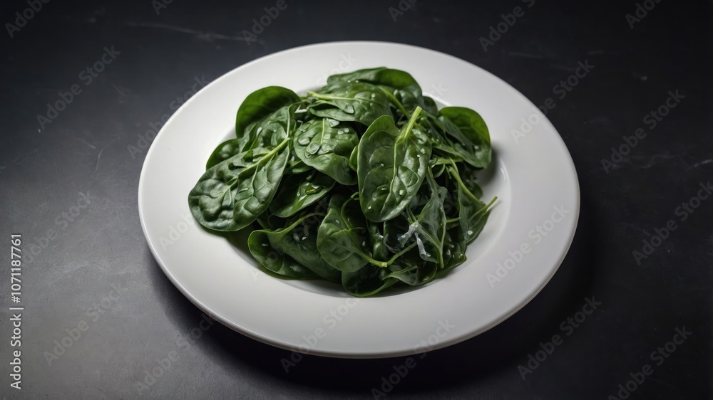 A fresh pile of spinach leaves arranged neatly on a white plate. A fresh pile of spinach leaves arranged neatly on a white plate.