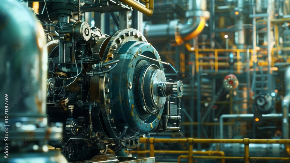 An industrial compressor in a refinery with complex piping, valves, and metallic components An industrial compressor in a refinery with complex piping, valves, and metallic components