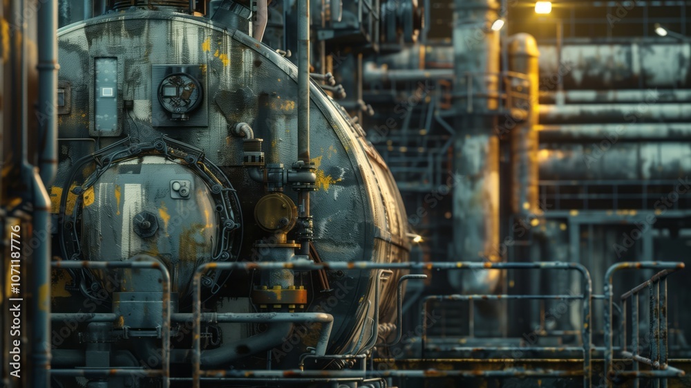 An industrial compressor in a refinery with complex piping, valves, and metallic components An industrial compressor in a refinery with complex piping, valves, and metallic components