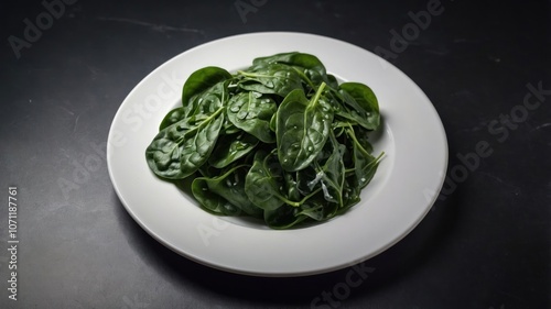 A fresh pile of spinach leaves arranged neatly on a white plate.