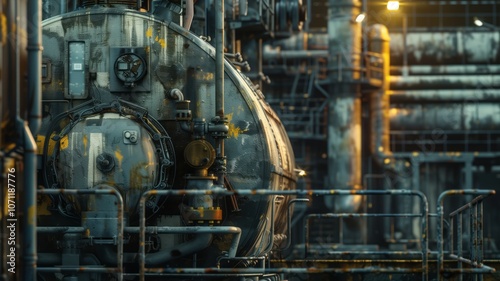 An industrial compressor in a refinery with complex piping, valves, and metallic components