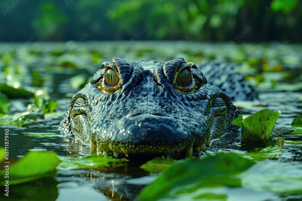Fototapeta premium American crocodile in the Amazon River, highlighting its rugged texture and fierce presence