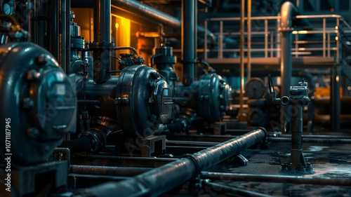 An industrial setup featuring a compressor and intricate piping system within a refinery