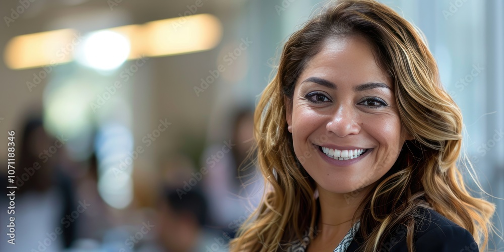 Hispanic business woman smiling and collaborating with a team. Hispanic business woman smiling and collaborating with a team.