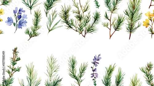 Seamless watercolor pattern featuring branching coniferous sprigs and wildflowers perfect for trendy art backgrounds