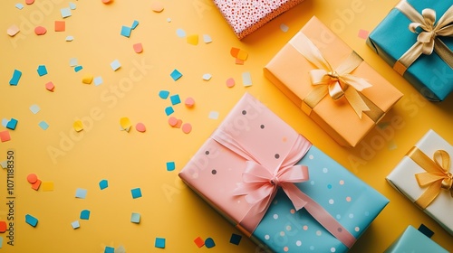 Joyful birthday gifts in colorful wrapping, topped with ribbons and ready to be opened, symbolizing surprise and delight