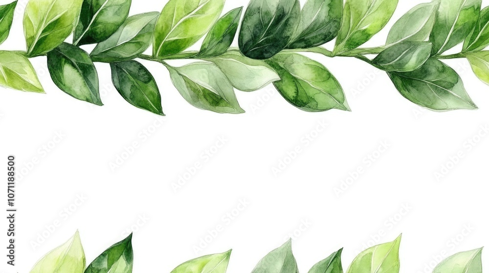 Obraz premium Seamless ribbon border featuring green watercolor stylized leaves ideal for crafting and design projects
