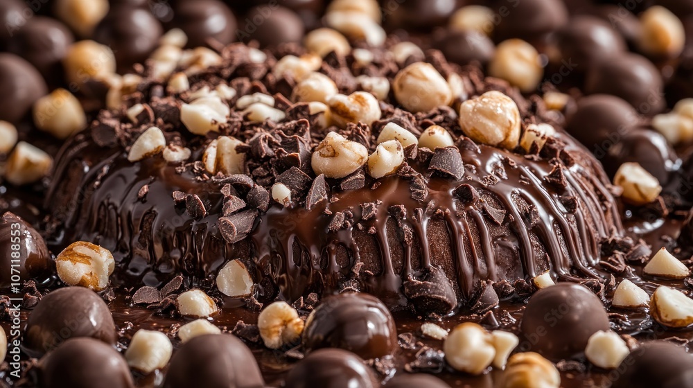A close-up view of a chocolate cake with hazelnut topping. A close-up view of a chocolate cake with hazelnut topping.