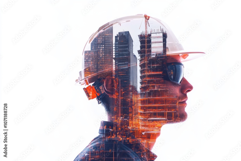 Innovation in Construction: Double Exposure of Foreman, Holographic Buildings, and Autonomous Machinery on White Background Innovation in Construction: Double Exposure of Foreman, Holographic Buildings, and Autonomous Machinery on White Background