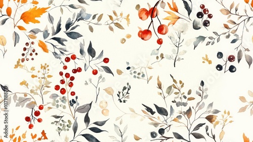 Watercolor seamless pattern featuring a natural frame adorned with hand drawn plants leaves and berries ideal for card backgrounds and fantasy garden designs