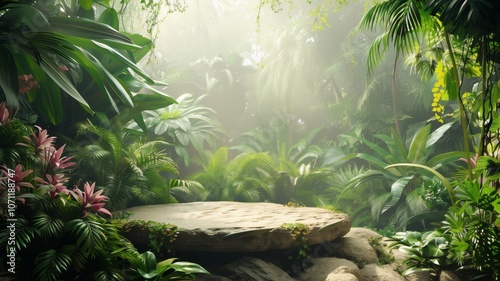 A tropical-themed setup with a table displaying cosmetics and decor items