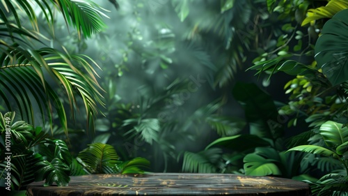 A lush jungle scene with dense green foliage surrounding a rustic wooden table