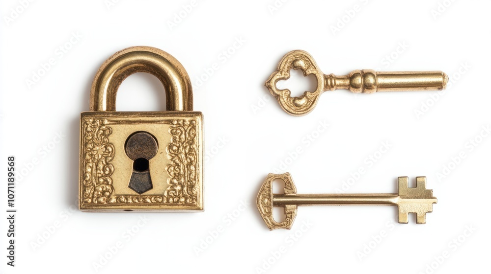 Gold lock and key set, isolated on white, symbolizing security and exclusivity Gold lock and key set, isolated on white, symbolizing security and exclusivity