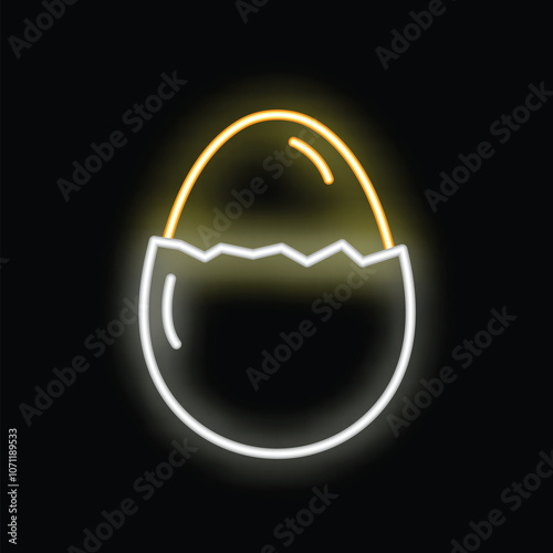 Glowing neon sign depicting a cracked egg hatching, illuminated against a dark backdrop