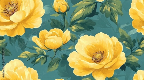 Seamless vintage floral pattern with large yellow flowers on a blue background ideal for textiles wallpaper and packaging