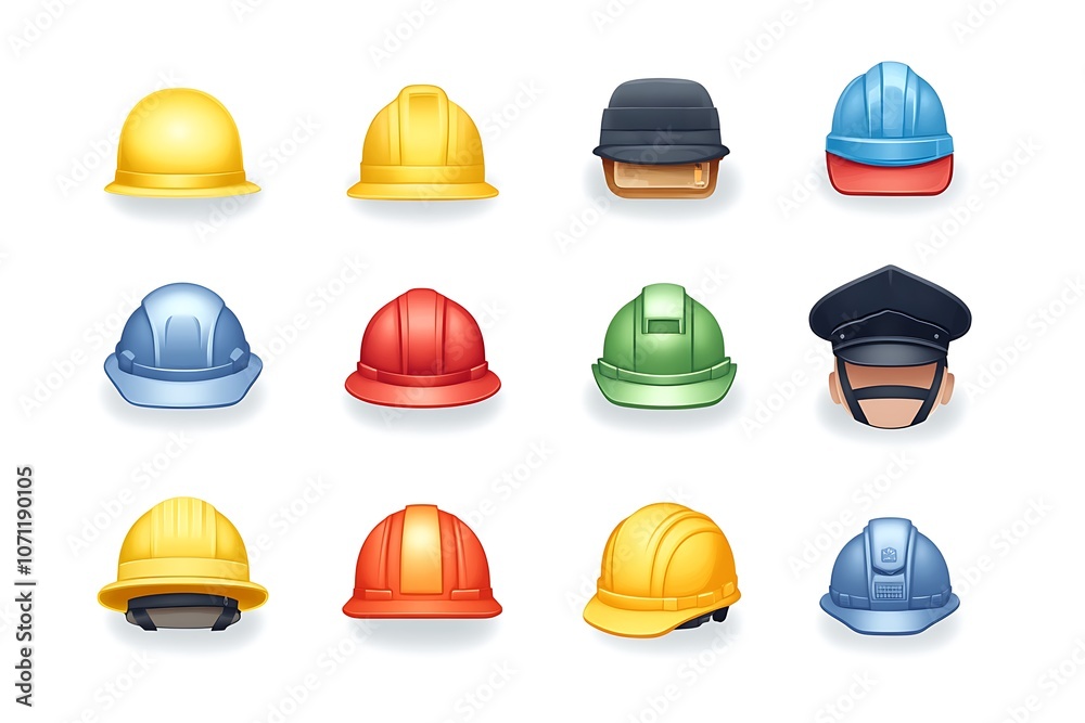Set of different views of helmets, hat and caps Set of different views of helmets, hat and caps
