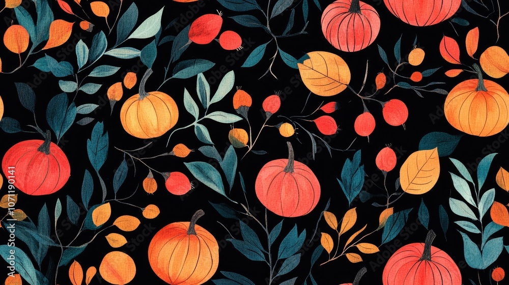 Seamless Halloween pattern featuring vibrant pumpkins leaves and branches on a black background perfect for fabric printing and gift wrapping Seamless Halloween pattern featuring vibrant pumpkins leaves and branches on a black background perfect for fabric printing and gift wrapping