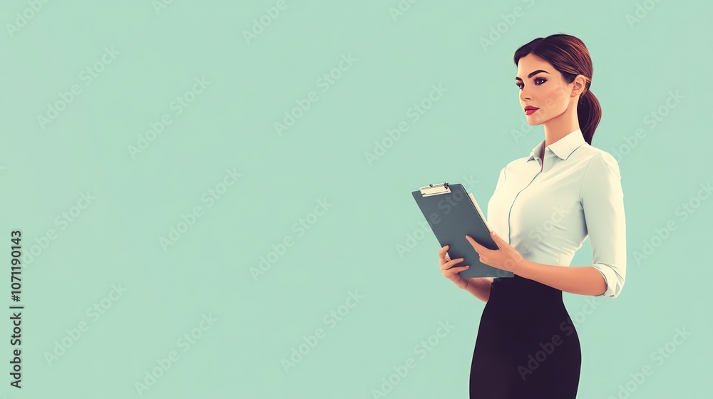Businesswoman with Clipboard Posing Against a Mint Background Businesswoman with Clipboard Posing Against a Mint Background