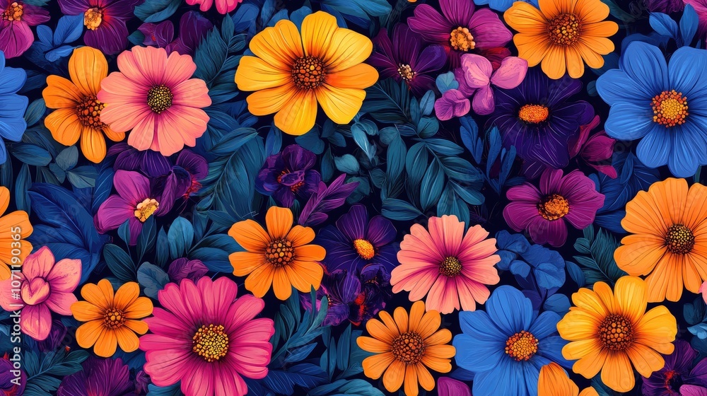 Seamless floral pattern featuring vibrant flowers and lush leaves for fabric printing applications Seamless floral pattern featuring vibrant flowers and lush leaves for fabric printing applications
