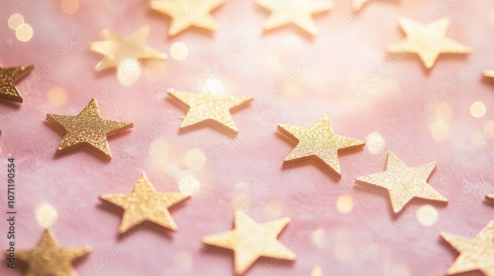 A dreamy and blurred pink background adorned with twinkling golden stars and soft, blurred light shadows, evoking a fairytale ambiance. The shimmering stars and gentle glow create a magical 